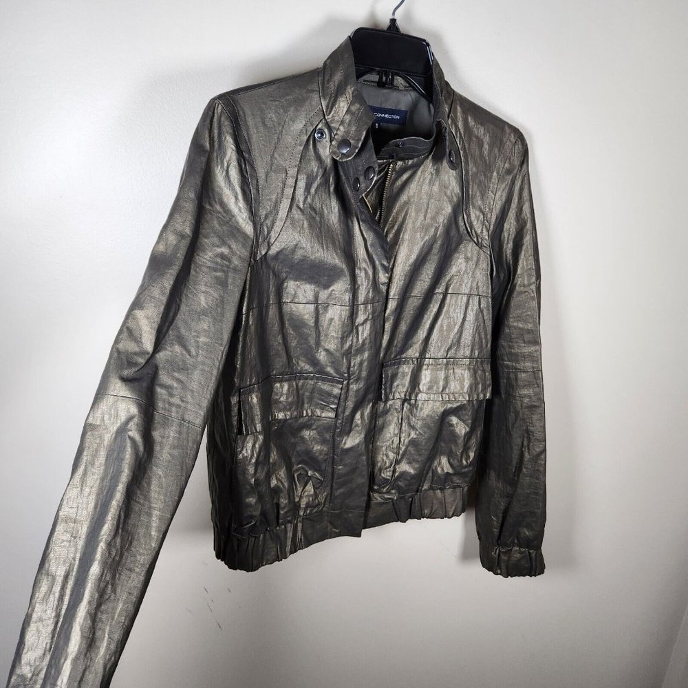 French Connection Bomber Jacket Womens Olive Green Metallic Coated Linen Y2K - Picture 4 of 13